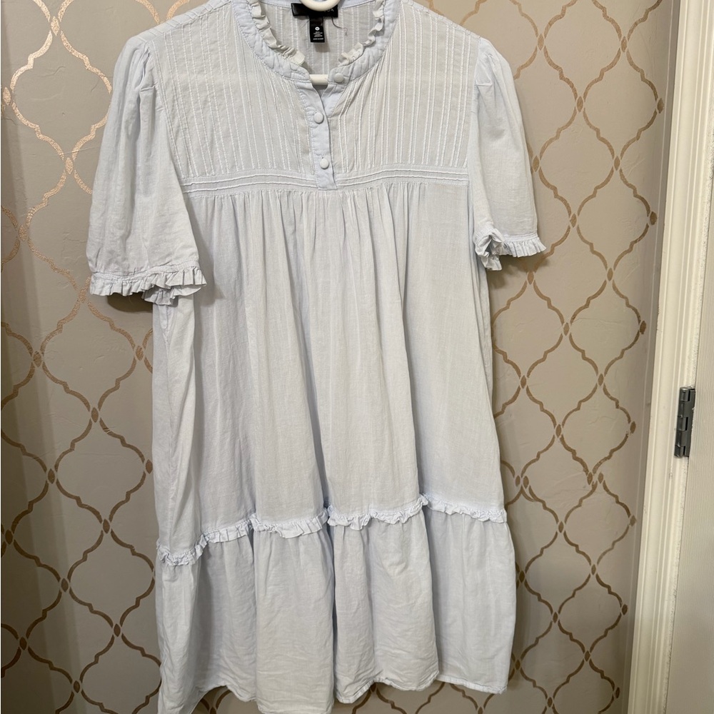 Aqua Light Blue Ruffle-Trim Cotton Dress medium-missing under slip